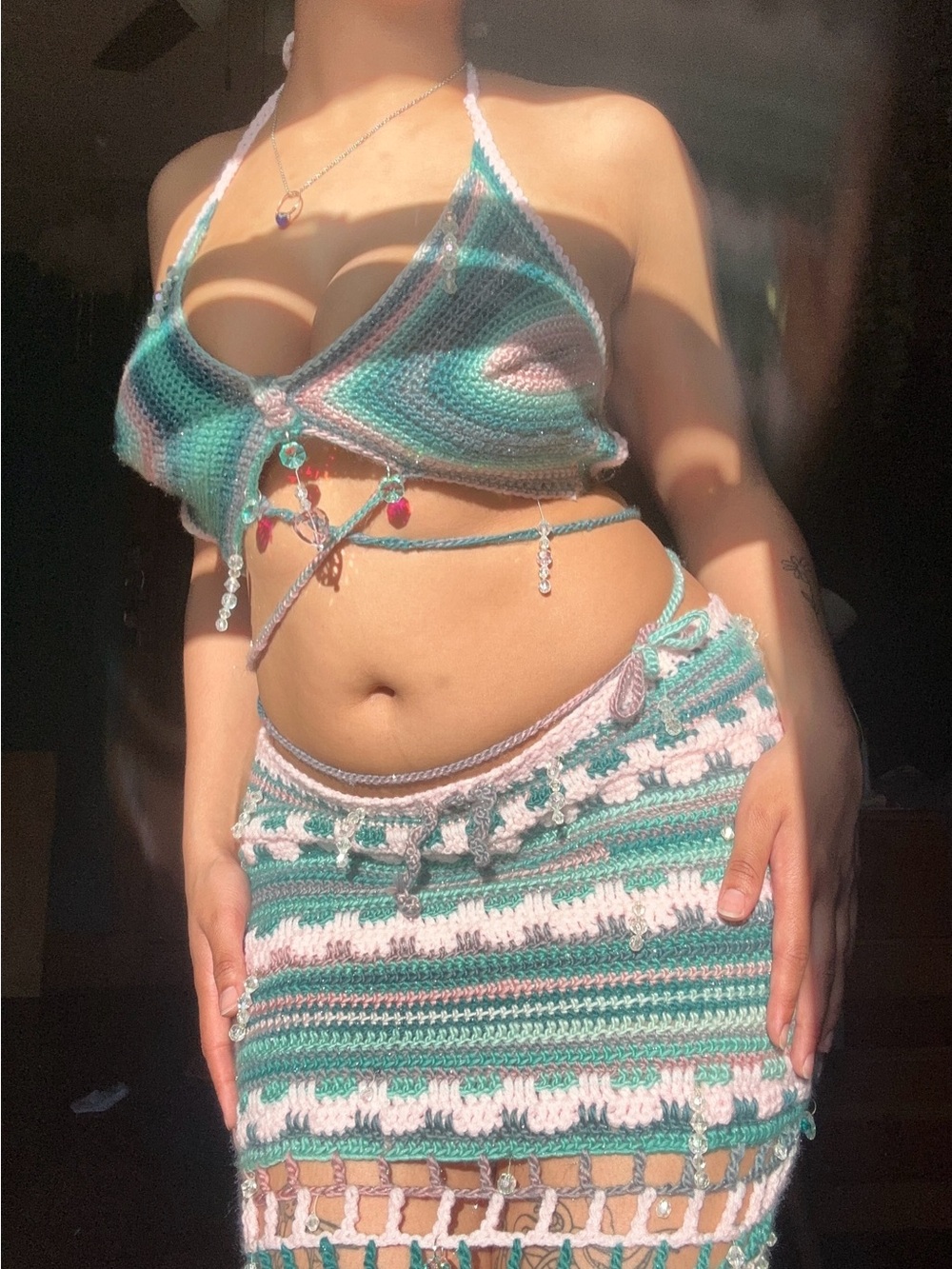 Handmade Crochet Halter Top & Skirt Set - Teal, White, Pink
